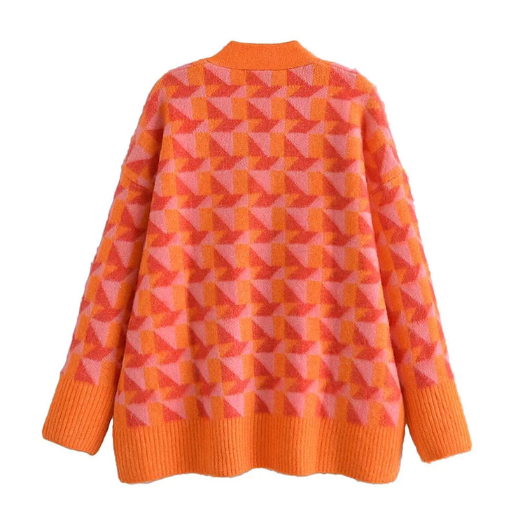 New geometric jacquard sweater jacket loose lazy cardigan 7414