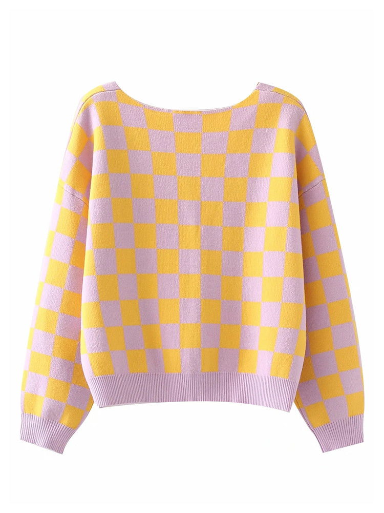 New contrast checkerboard checkered casual knitted cardigan 7240