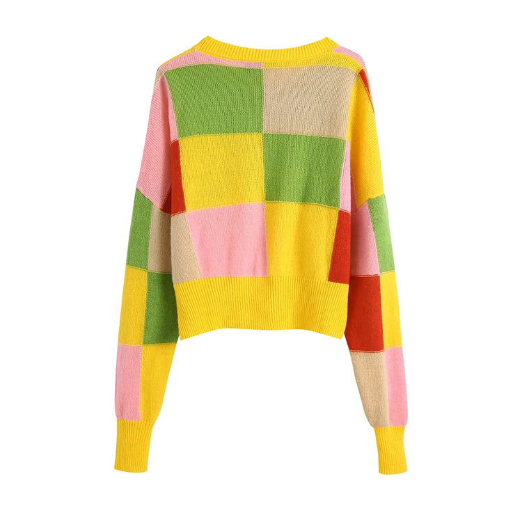 New sweet loose jacquard Plaid color matching sweater 7468