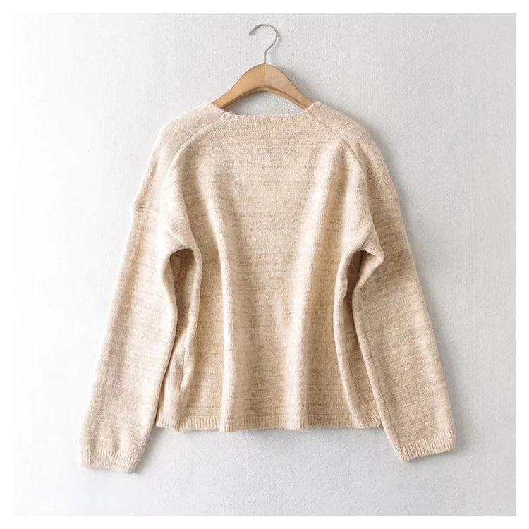 V-neck twisted flower casual loose solid color short knitted sweater 7407