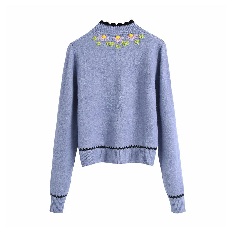New floral sweet stitching embroidered knit top 7221