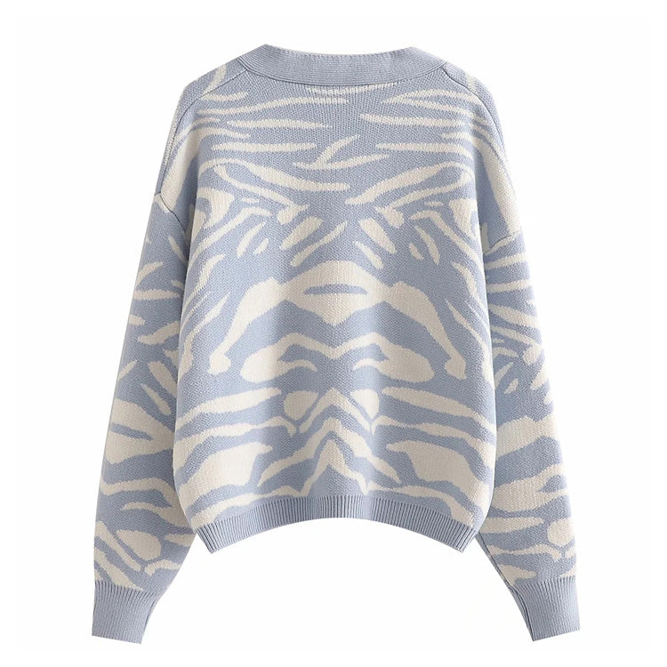 Versatile animal jacquard V-Neck long sleeve loose knit cardigan coat 7247