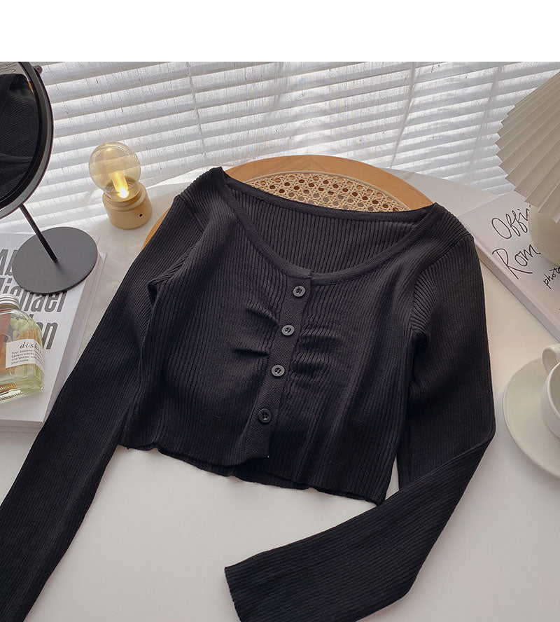 Gestrickte, dünne, langärmlige, schmale Strickjacke mit V-Ausschnitt 6507