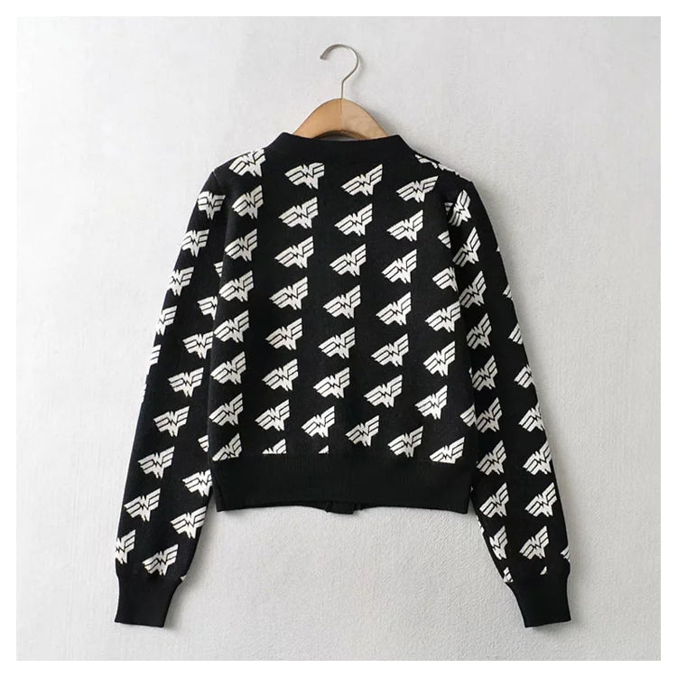 V-neck jacquard breasted knitted cardigan coat 7404