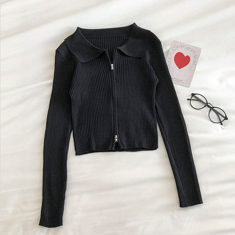 Women's fashion Lapel long sleeve short open navel sweater 6544