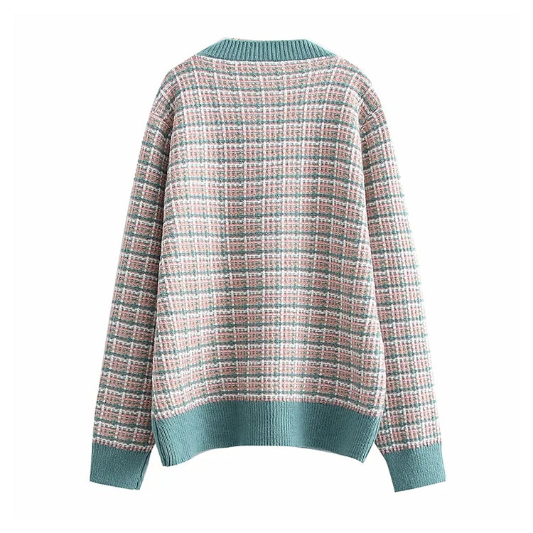 French xiaoxiangfeng knitted cardigan V-neck Plaid loose coat sweater top 7361
