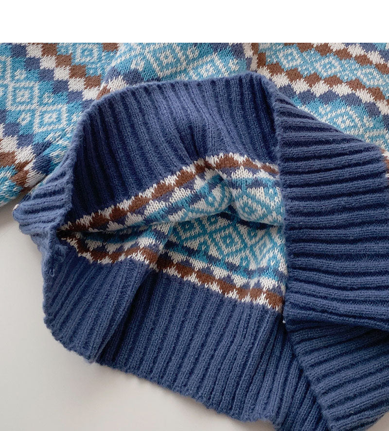 Vintage jacquard contrast Pullover long sleeve sweater 6107