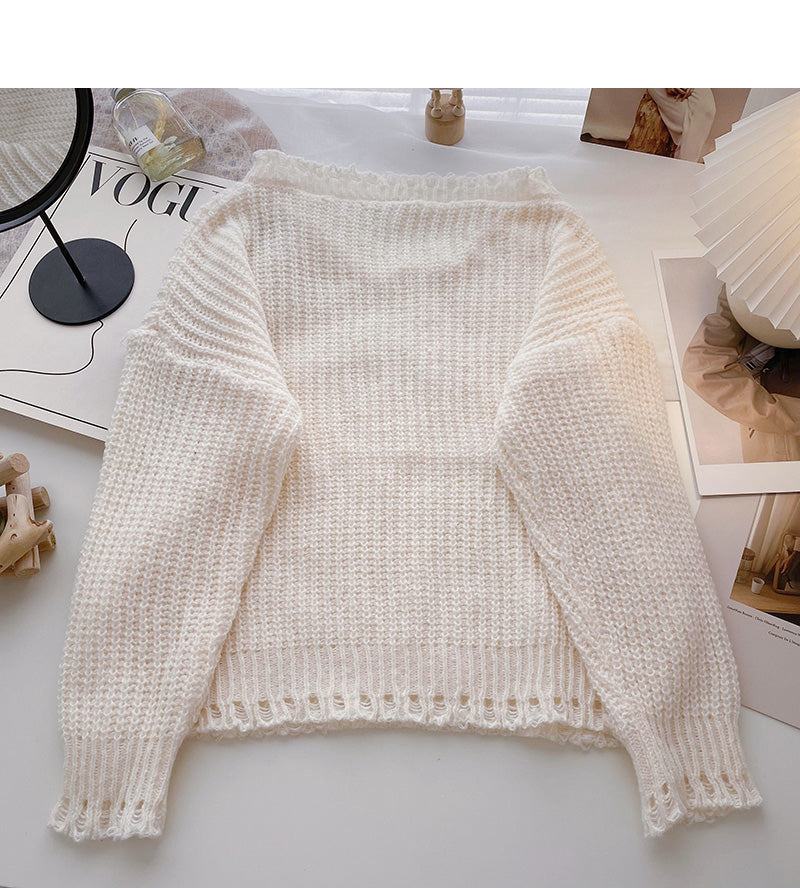 Hollow out knitted sweater casual solid color long sleeve top 6131