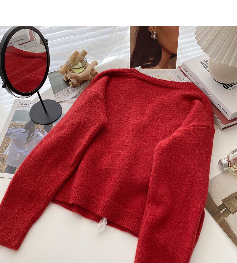 Korean lace V-Neck long sleeve design loose short top 6122