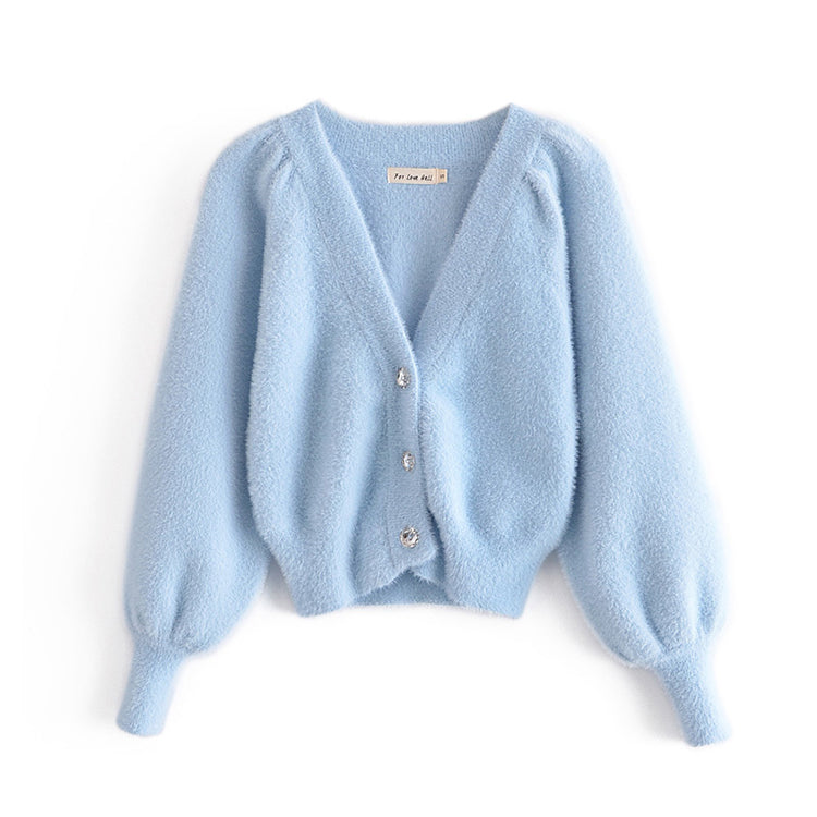 V-neck three button Lantern Sleeve Top Coat women's knitted cardigan 7237
