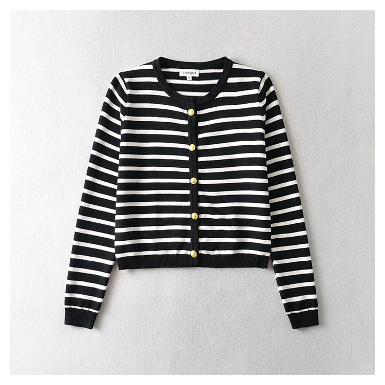 Xiaoxiangfeng knitted cardigan black and white striped gold button top 7524
