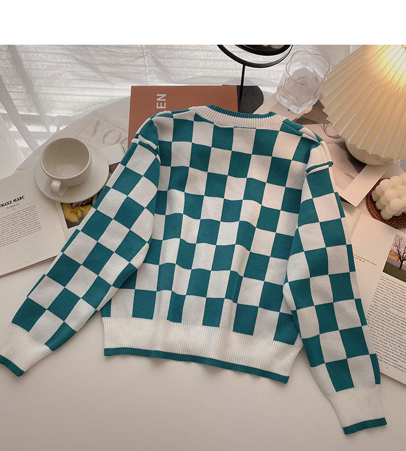 Knitted coat versatile casual V-Neck long sleeve Plaid top 6505