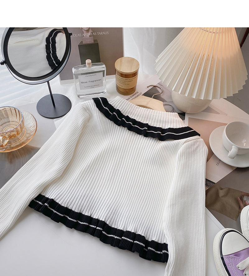 Lace doll neck strap contrast knit college top 6482