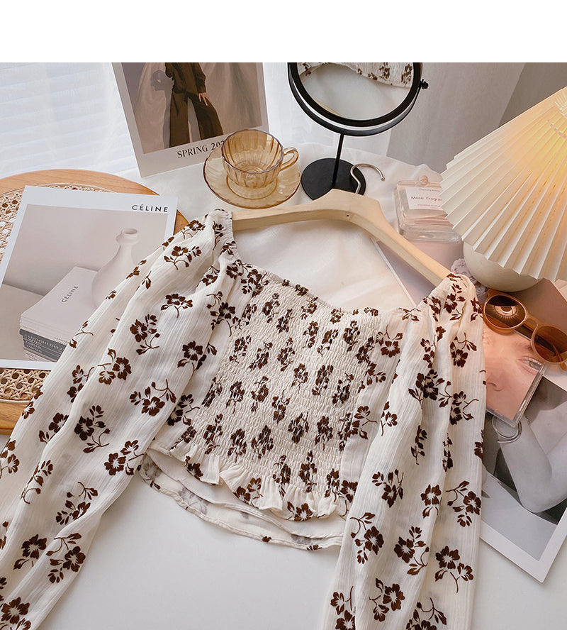 Chemise fleurie Design Sense, col carré, lacets, manches longues, haut 6436