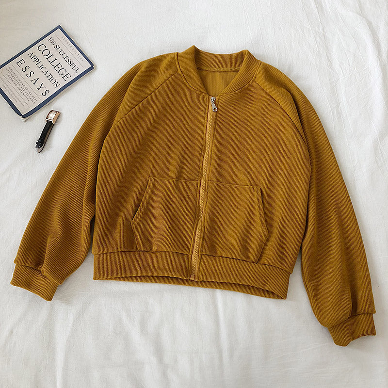 Solid color loose short stand collar zipper coat women 6211
