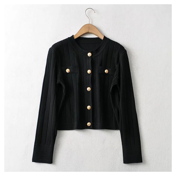 New aging round neck tiger head button slim knit cardigan coat 7405