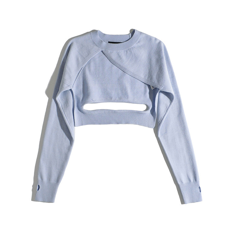 Solid color top small retro round neck hollow knitted Pullover Sweater 7244