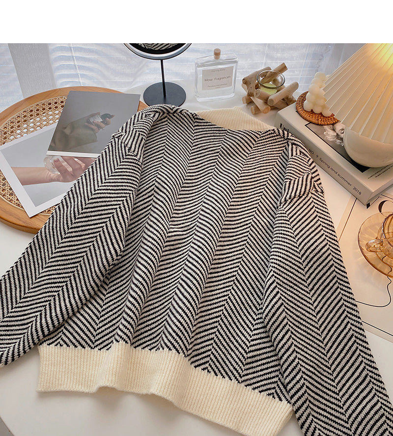 Lazy wind stripe sweater coat Long Sleeve Top 6044