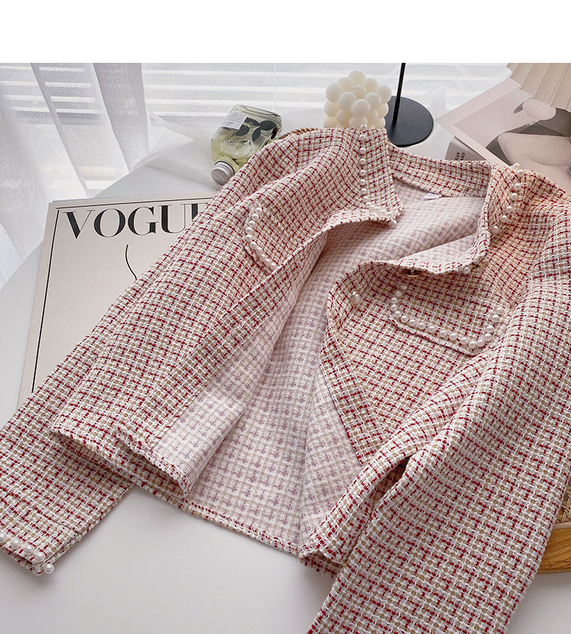 Vintage pearl button long sleeve plaid coat 6215