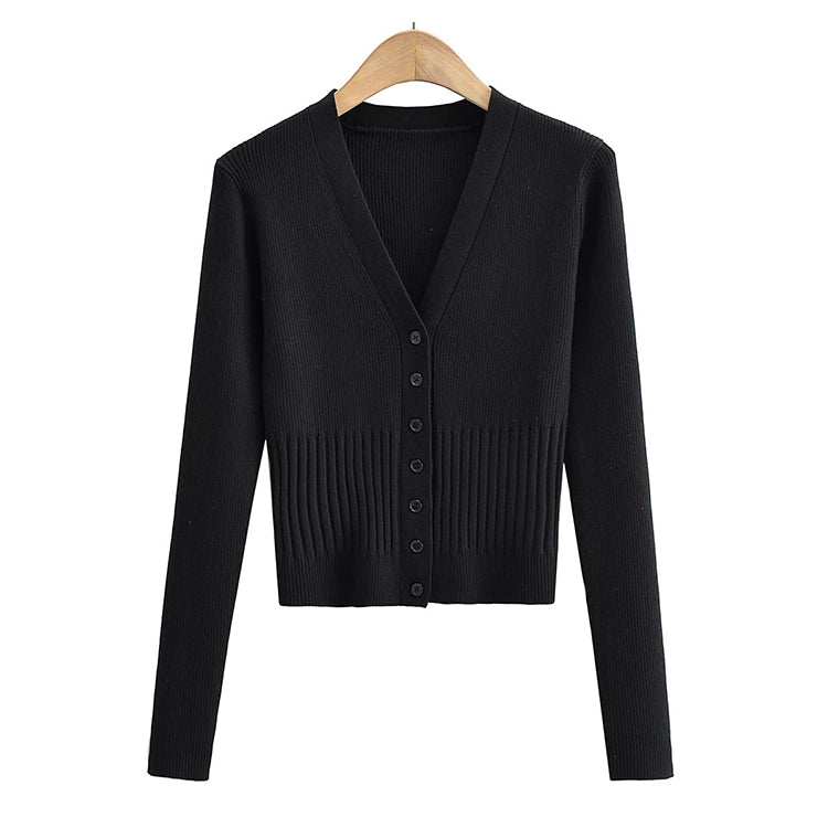 V-neck knitted cardigan slim single breasted short sweater coat 7451