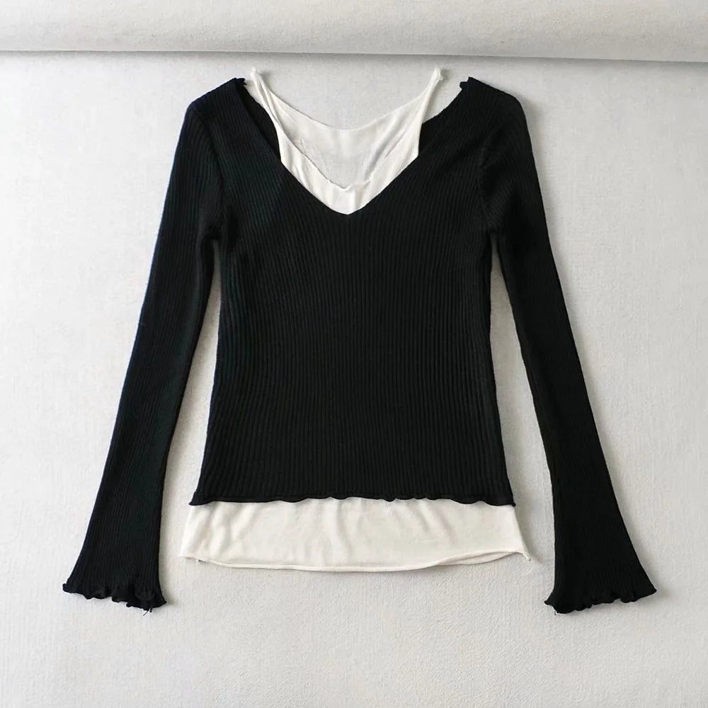 Tricot slim polyvalent à deux épaules dénudées et contraste de sens du design 7386