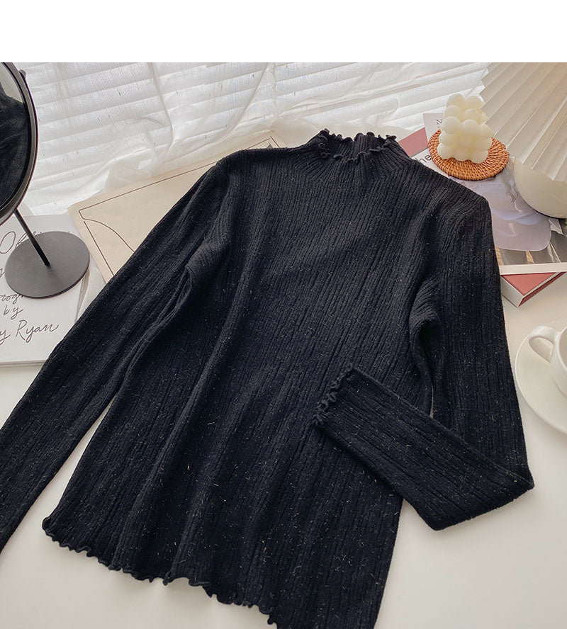 Stand collar long sleeve design slim fit bright silk sweater 6582