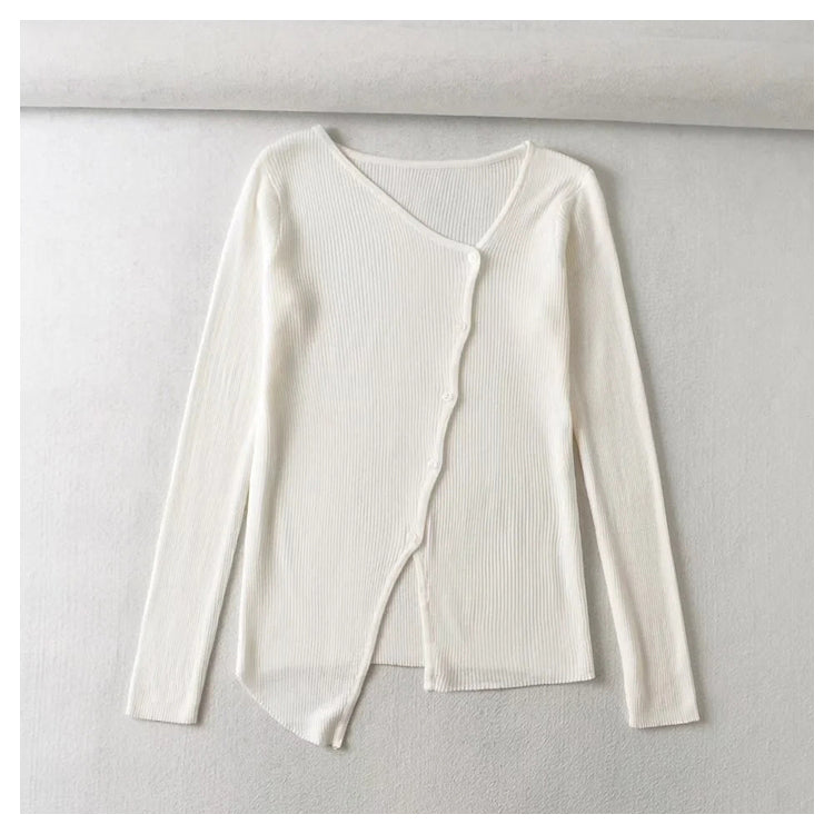 V-neck button irregular slim long sleeved sweater 7465