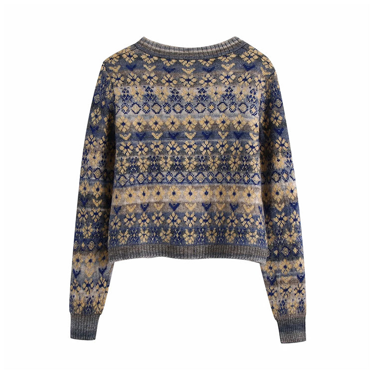 Sweater coat women's cardigan square neck Vintage contrast jacquard long sleeve knitting 7159