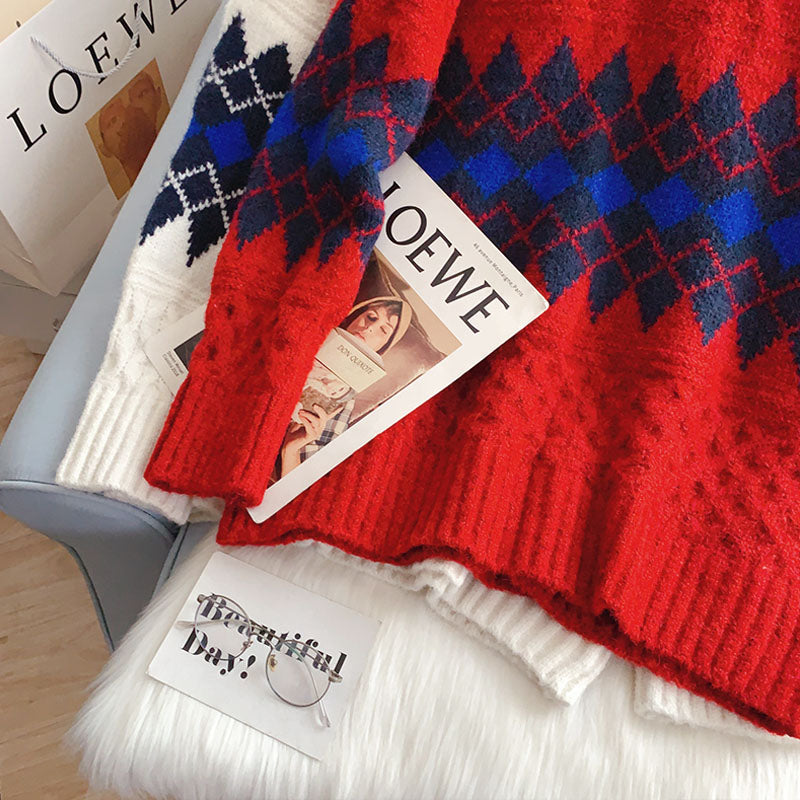 Retro foreign style red twist sweater for women 5265
