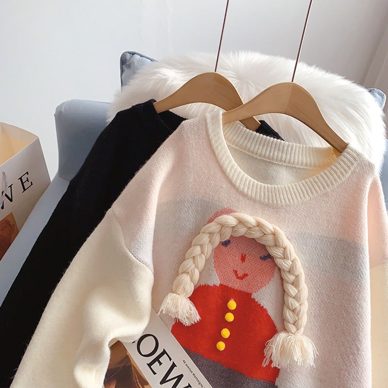 Cute three-dimensional braided cartoon little girl sweater 5141