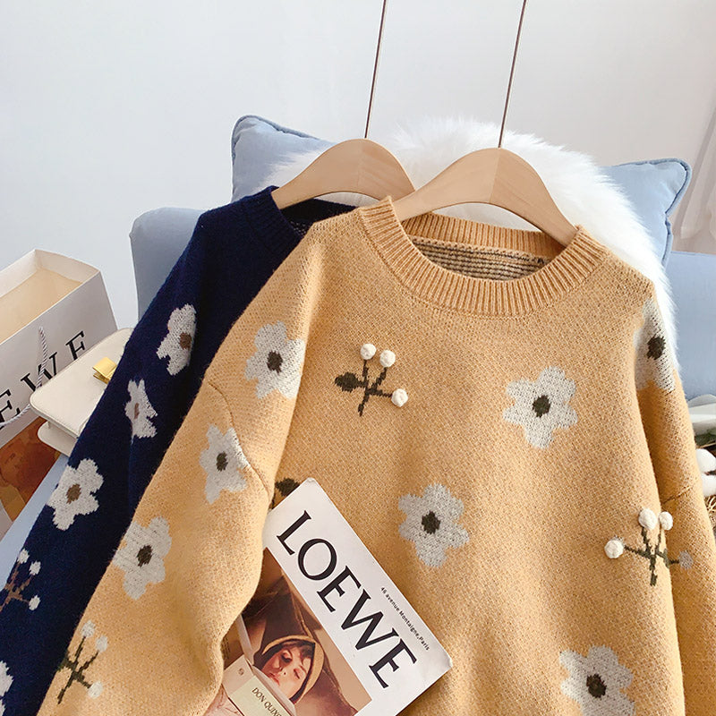 Vintage-Blumen-Pullover Rundhals-Jacquard-Pullover 5207