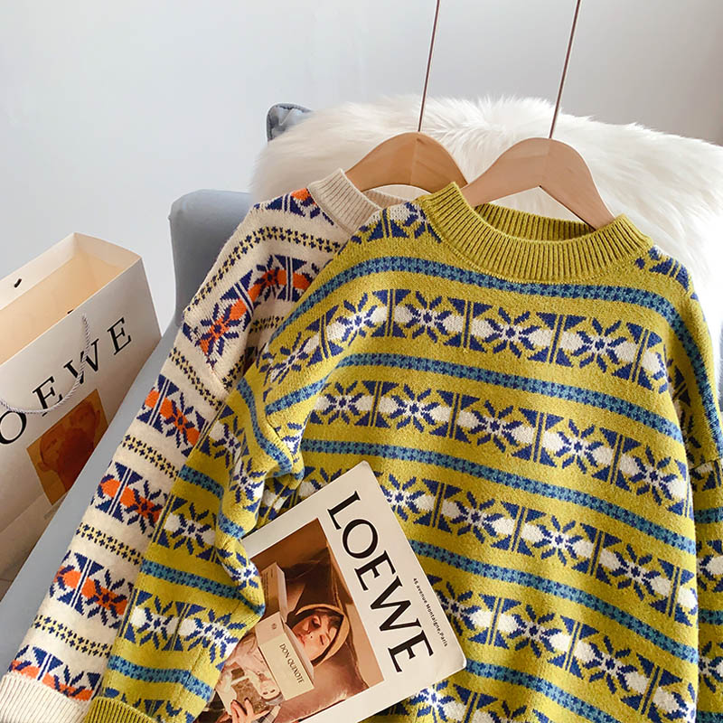 Rundhals-Weinlese-Jacquard-Pullover aus weichem, wachsartigem Material für Damen 5166