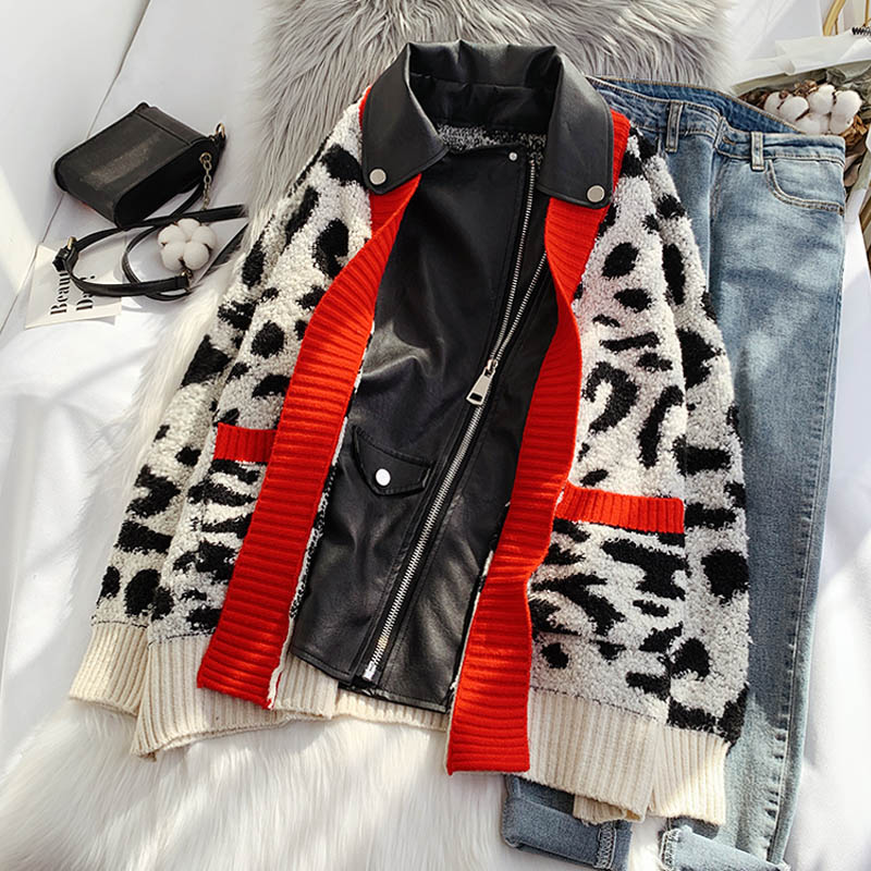 Leopard print foreign style knitted cardigan piecing European goods 5105