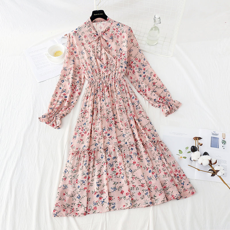 Bow Elastic Waist floral dress Ruffle 4815