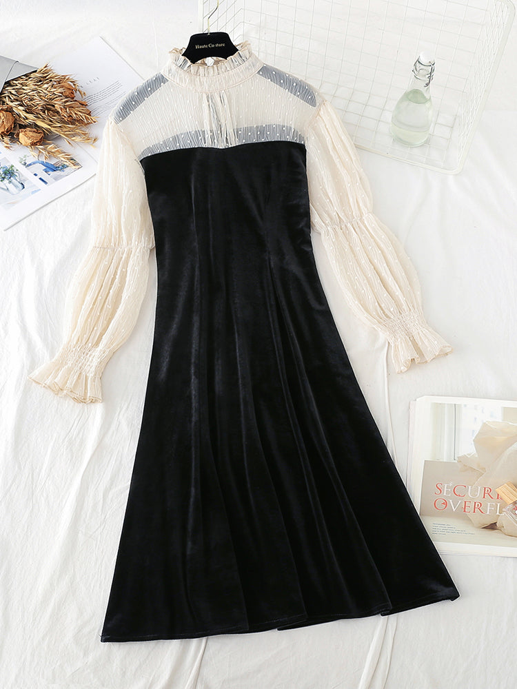 Lantern sleeves light luxury celebrity style thin skirt 4789