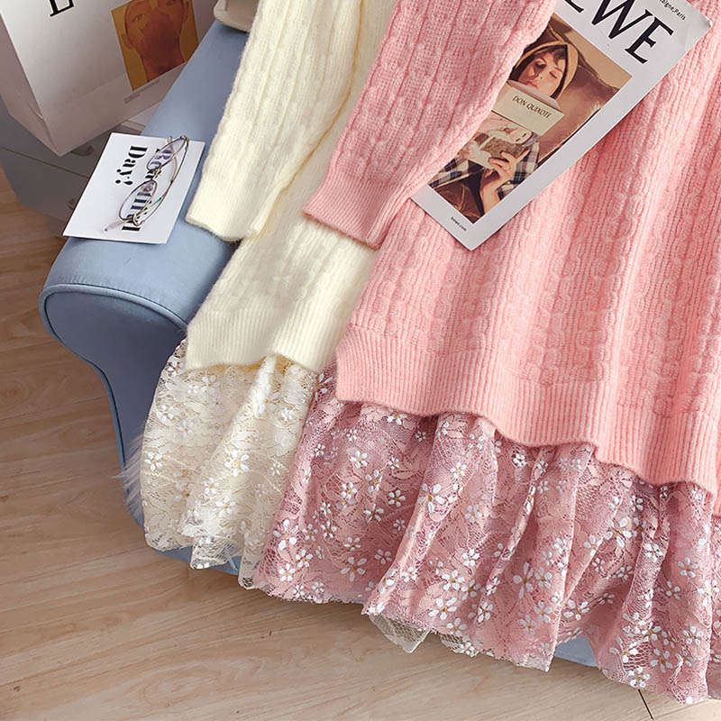 Lace stitched wool dress knit bottomed dress 5054