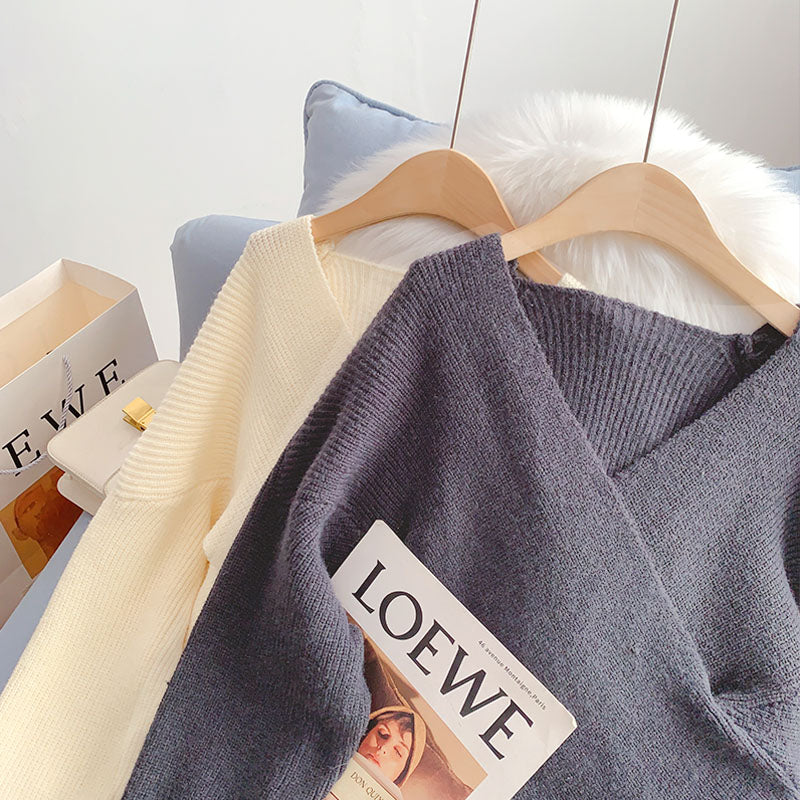 Korean V-Neck Sweater Vintage loose lazy top 4971