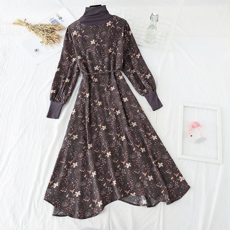 High neck floral dress with coat stitching 4783