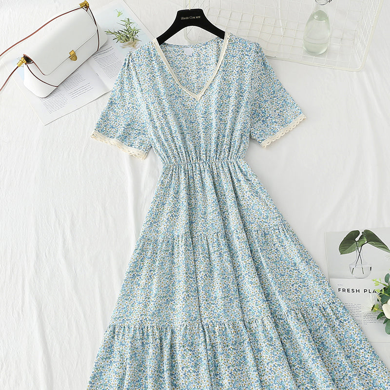 Neues, süßes, gebrochenes Blumen-Chiffon-Französisch-Retro-Spitzenkleid mit V-Ausschnitt, schmales Kleid 4873