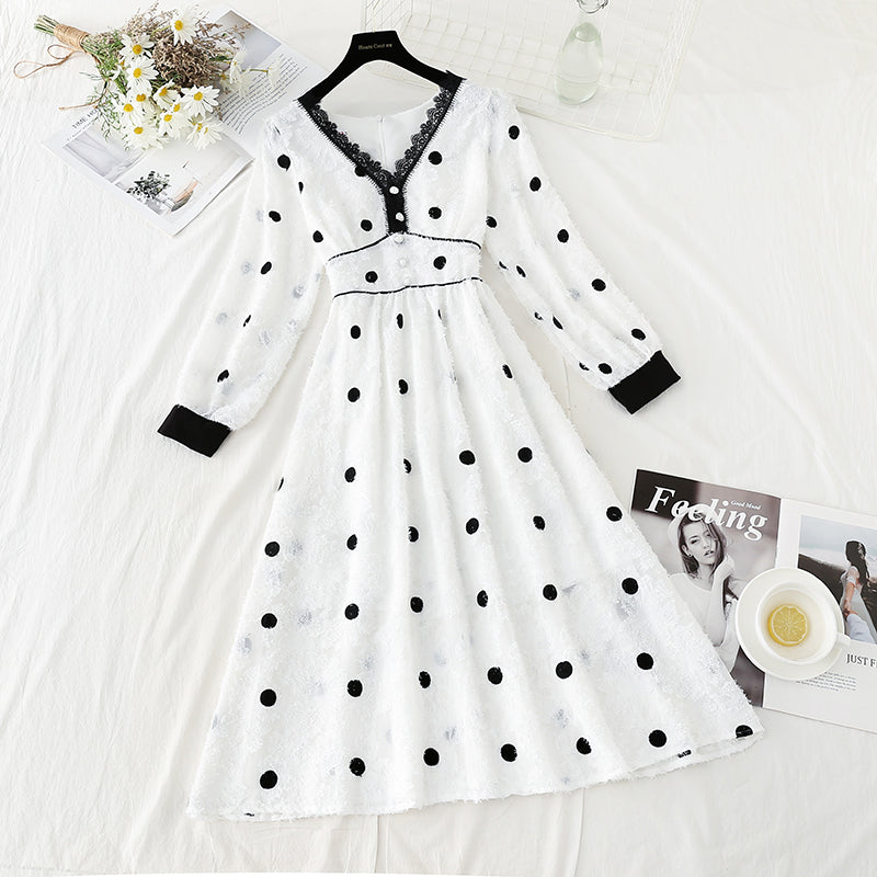 Wave point dress, celebrity temperament, lace stitching 4743