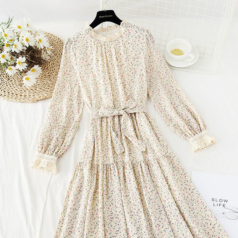 French retro floral dress slim chiffon long skirt 4829