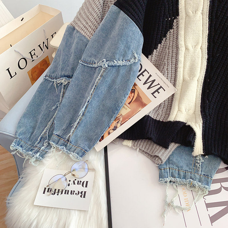 Denim sleeve stitched sweater niche sweater top 4923