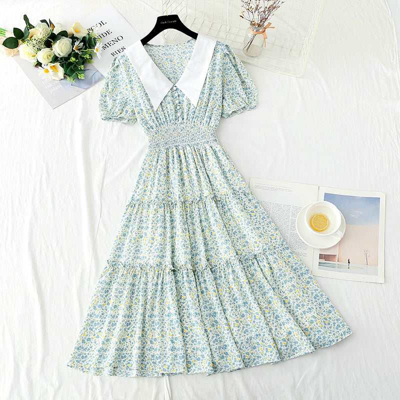 New doll collar skirt bubble sleeve floral medium length skirt 4877