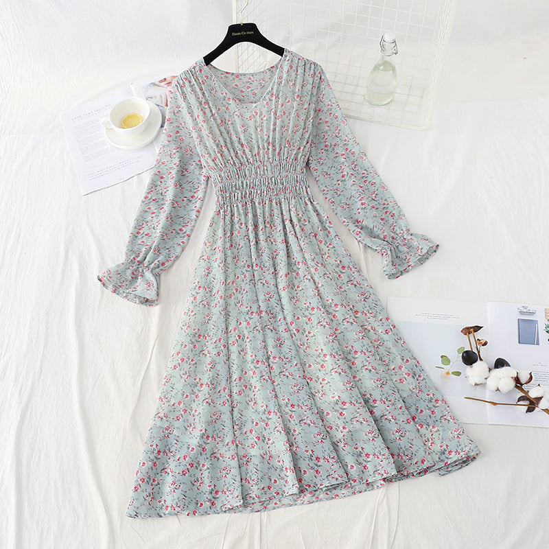 New women's pleated elastic waist Floral Dress 4816