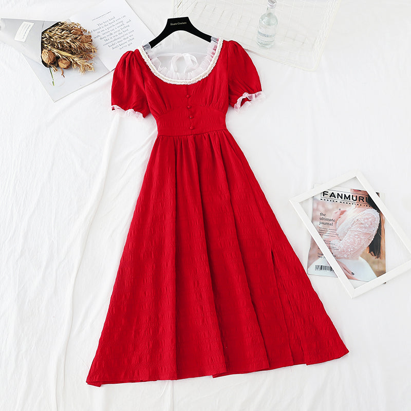 New cut waist thin split French dress 4668