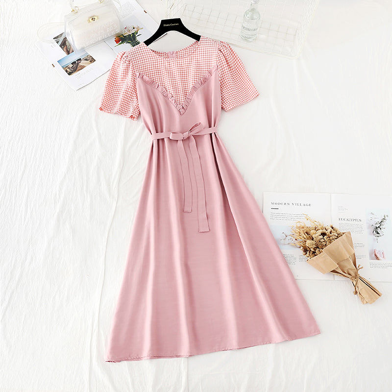 New stitched fake two piece dress women's French dress 4636