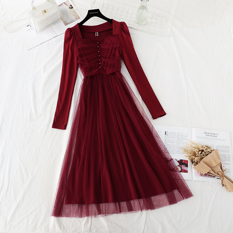 Square neck slim French retro light cooked wind bottomed skirt 4558