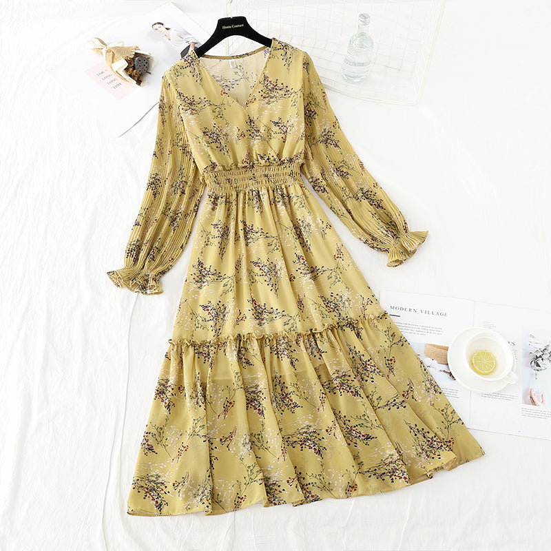 New gentle wind, slim slim, elastic waist, wrinkled Chiffon Floral Dress 4714