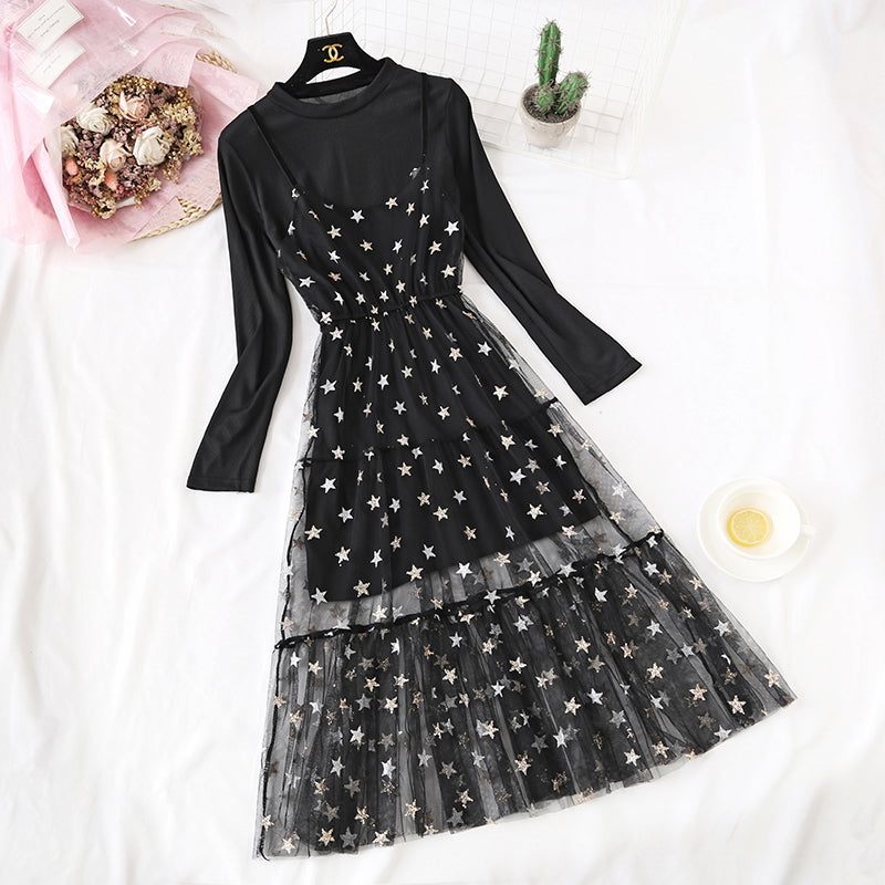 French minority pentagonal star mesh suit skirt 4467