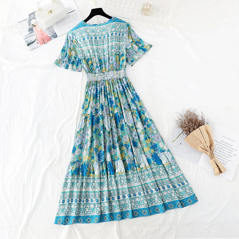 V-neck French waist closing thin Floral Cotton Dress 4212